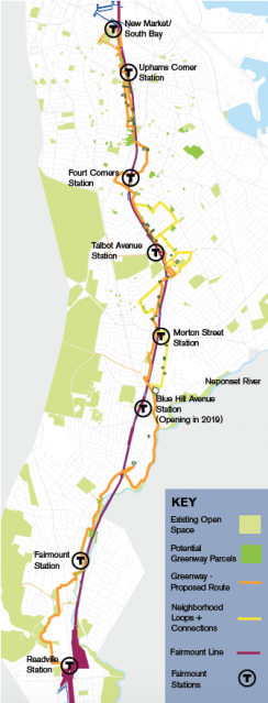 A greenway path is proposed along the Fairmount Line Corridor. Go Boston 2030 image